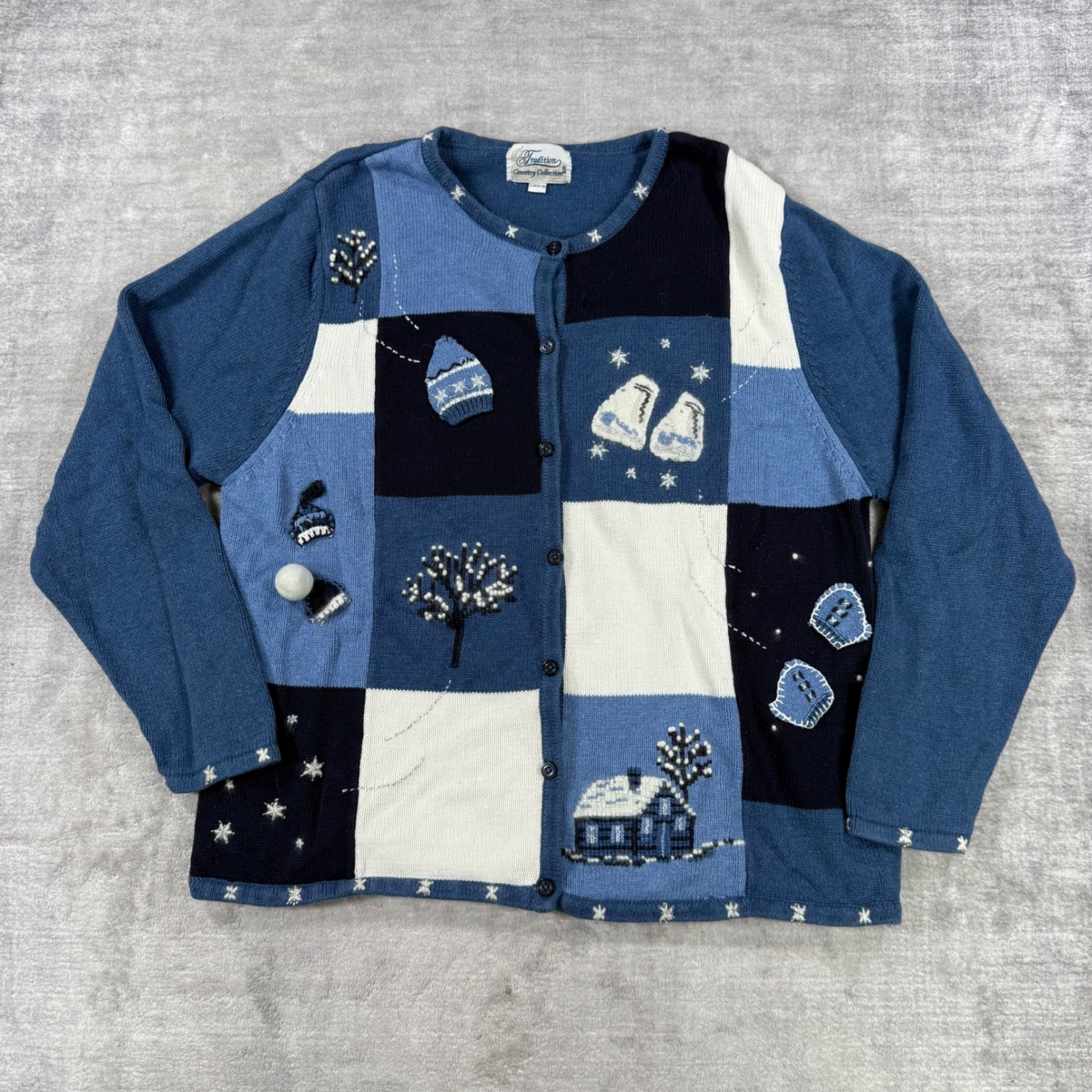 Tradition Country Collection Cardigan Women Large Blue Winter Patchwork Knit